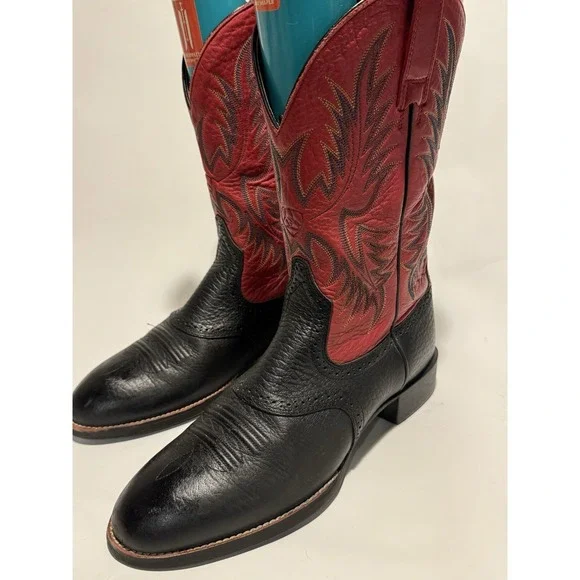 ARIAT HERITAGE BLACK & RED COWHIDE LEATHER ROUND TOE COWBOY BOOTS 9.5d - Picture 1 of 6